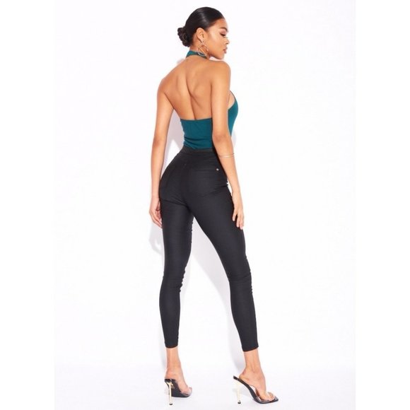 Green Sleeveless Halter Neck Keyhole Open Back Bodycon Bodysuit Top - Picture 7 of 13